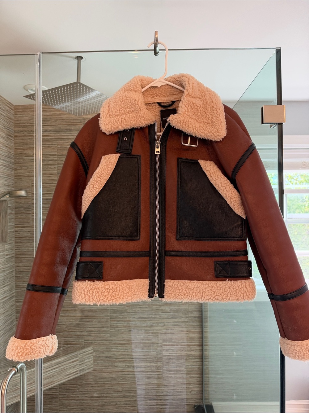 Nasty Gal Brown Leather Bomber Jacket with Cream Shearling Trim